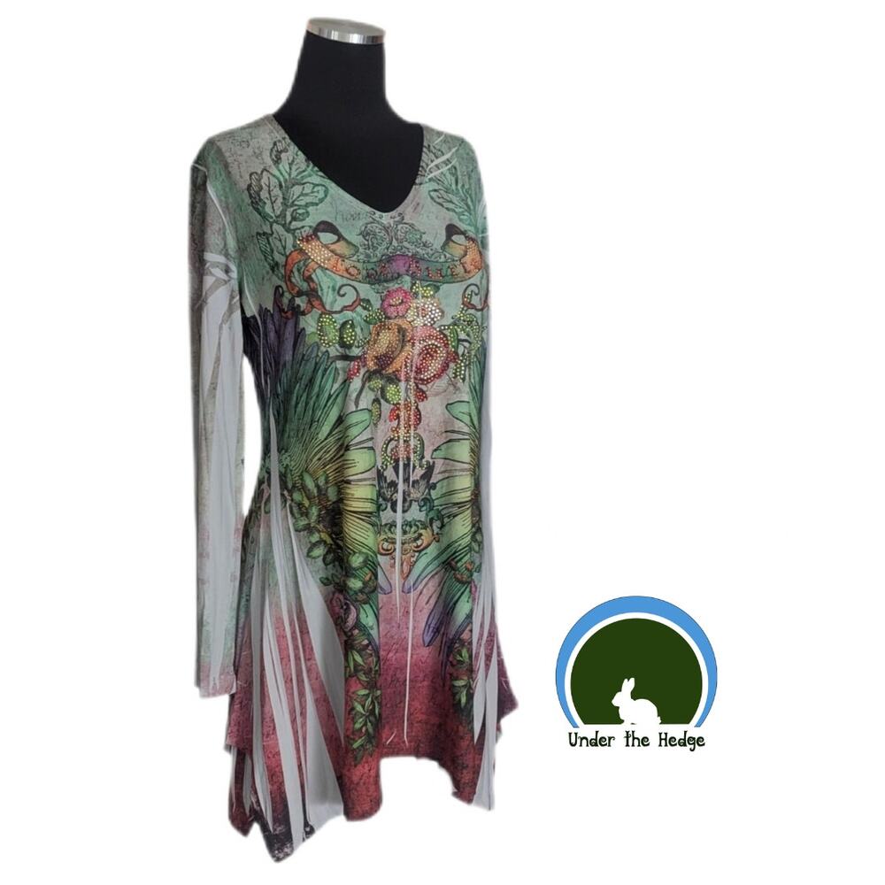 Vtg Cover Charge Multi Love Hurts Tunic Top Medium Boho Fairy Whimsigoth